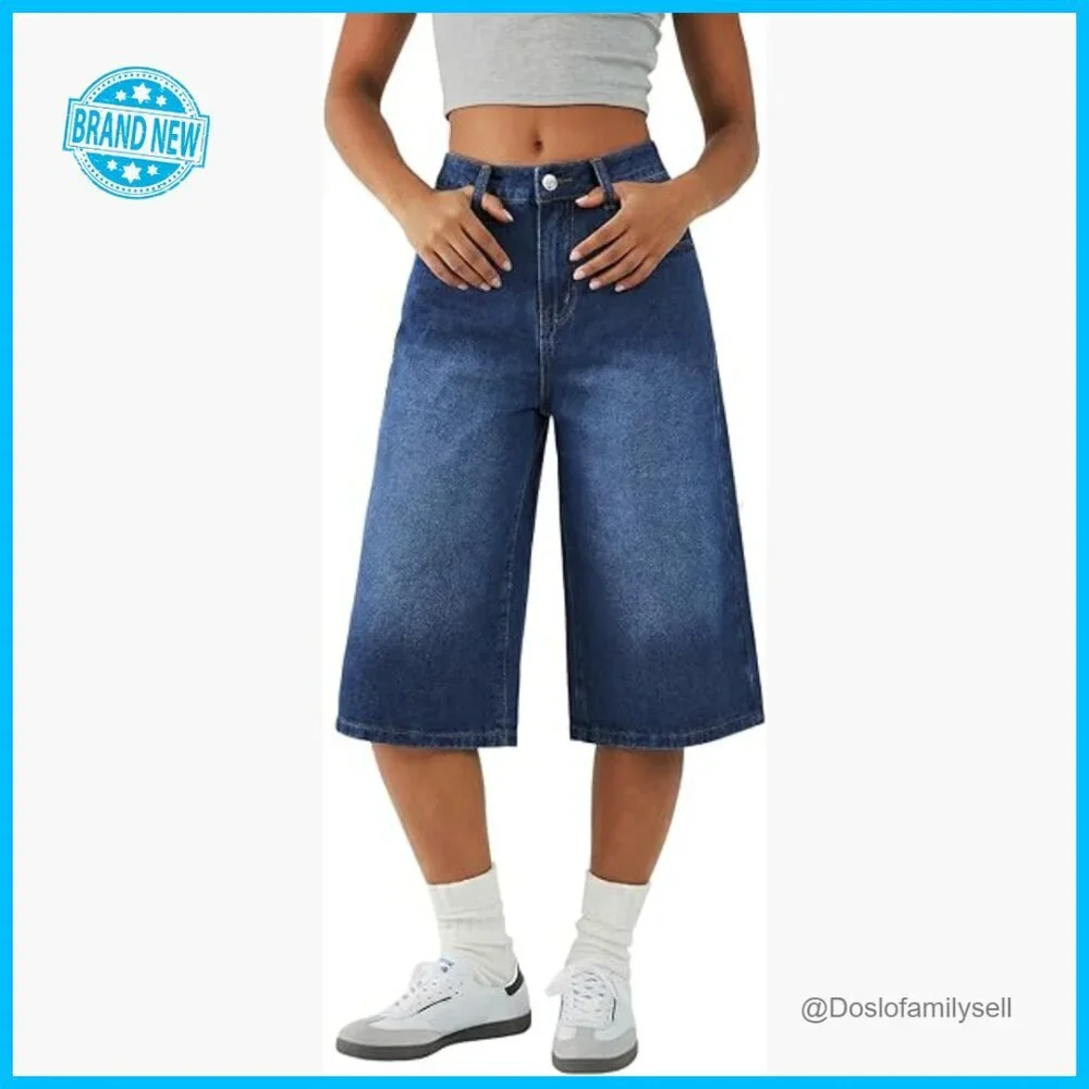 Y2K Retro Denim Bermudas Wide Leg Baggy Jean Shorts Mid High Waisted - Picture 1 of 7